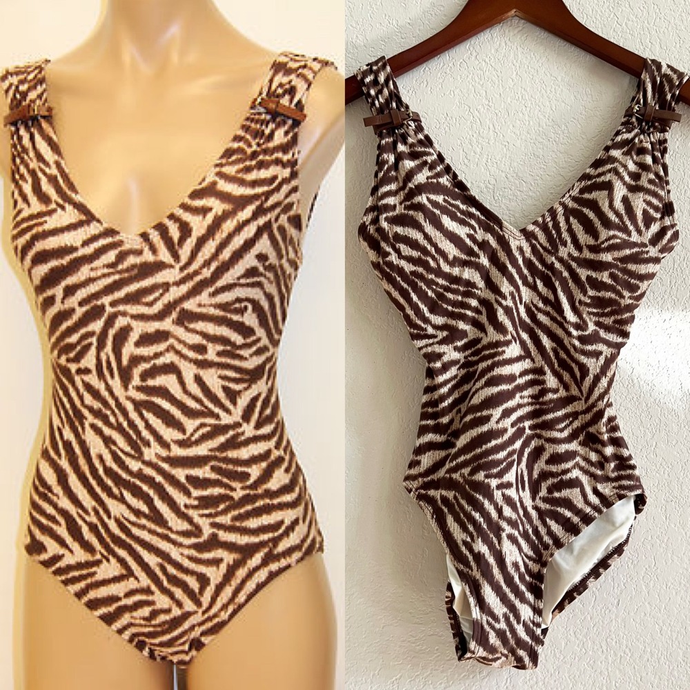 MICHAEL KORS‎ Zebra Print V Neck One Piece Swimsuit Women Size 6